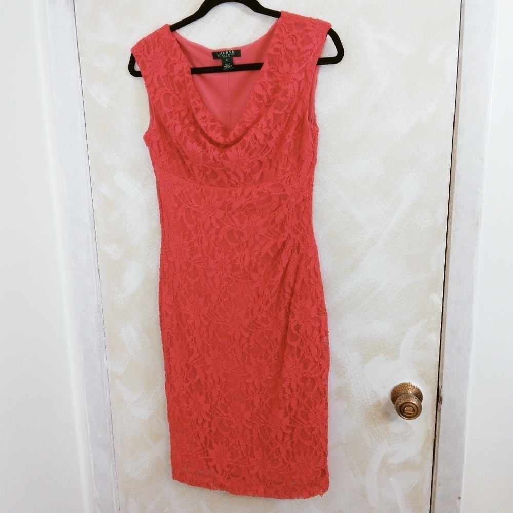 Size 8 Lauren RL Red Lace Drop Neck 1 Side Ruched Dress Pull On